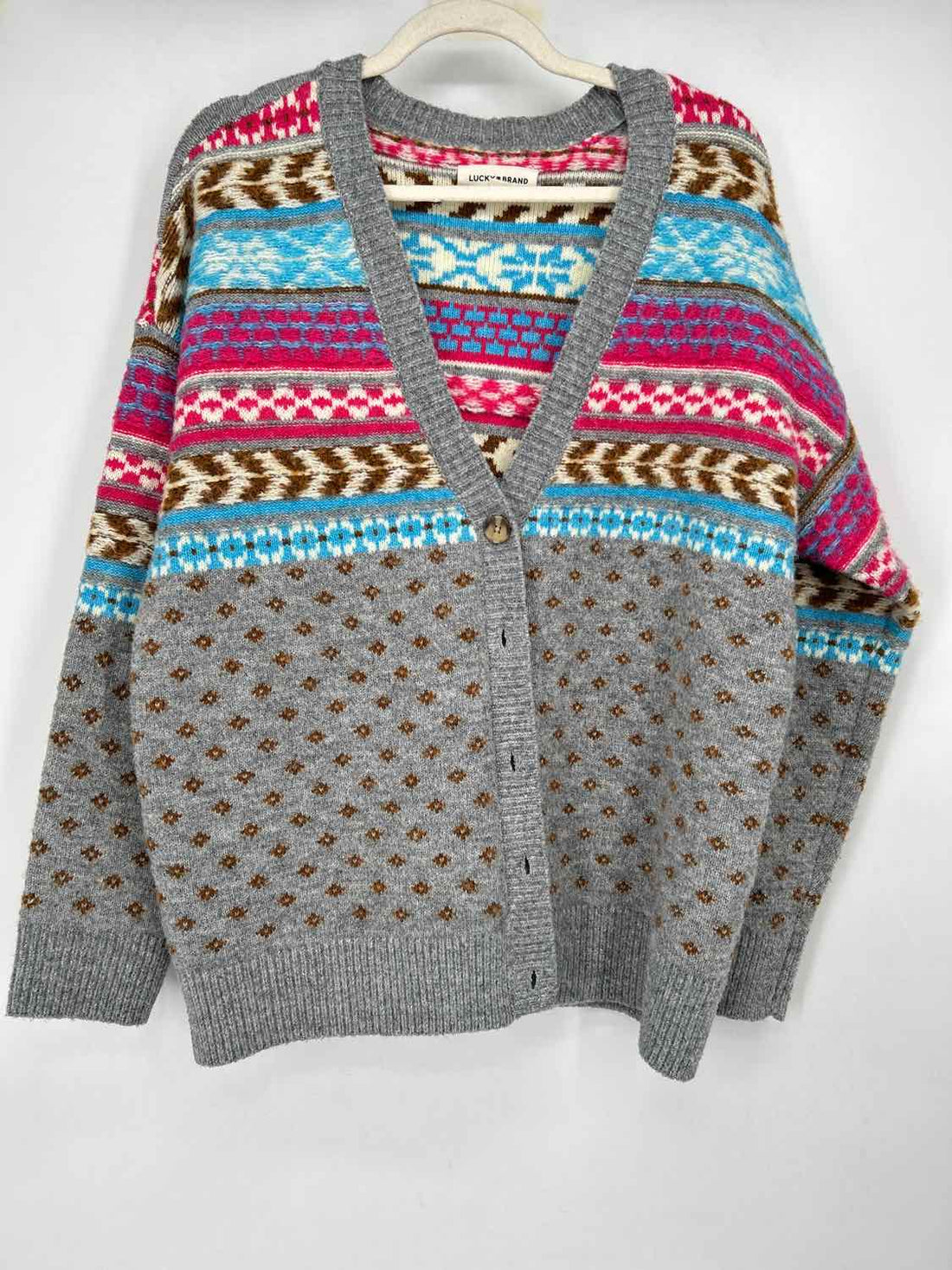 Lucky Brand Size L Gray Blue & Pink Print Cardigan