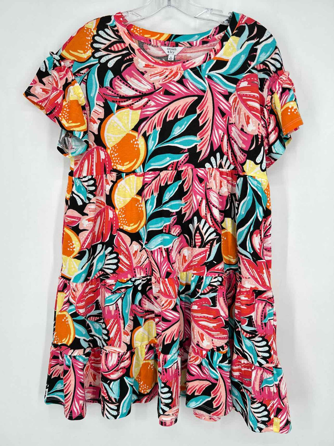 Crown & Ivy Size M Black & Pink Print Short Sleeve Dress