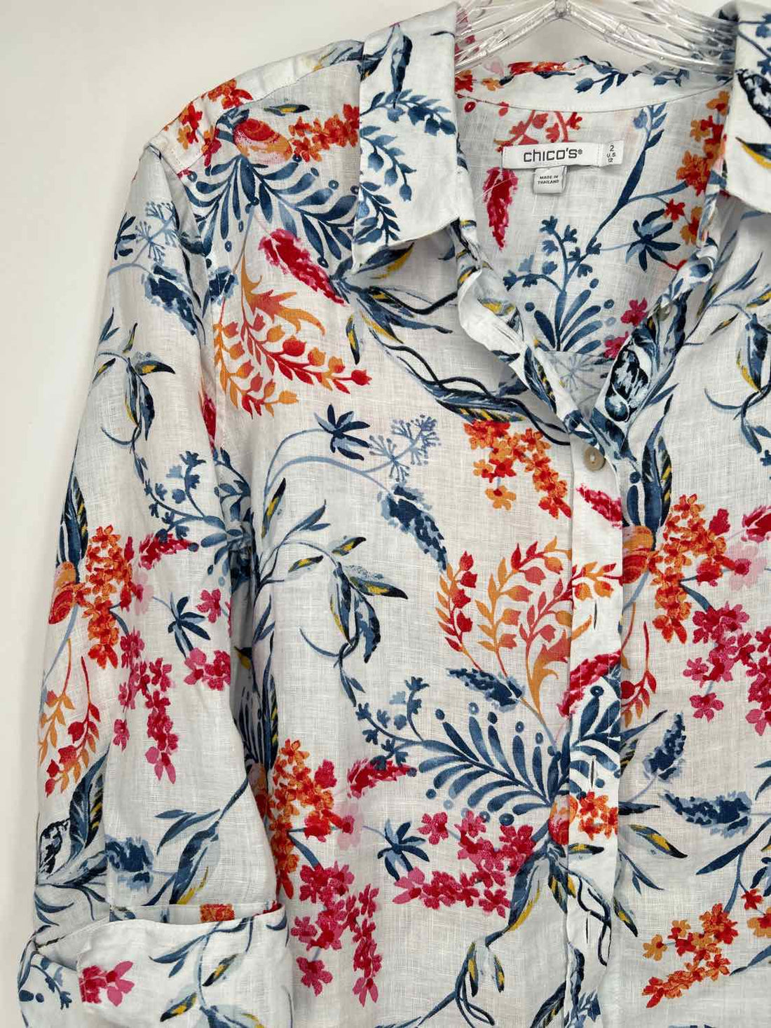 Chicos Size 2(12) White & Navy Print Long Sleeve