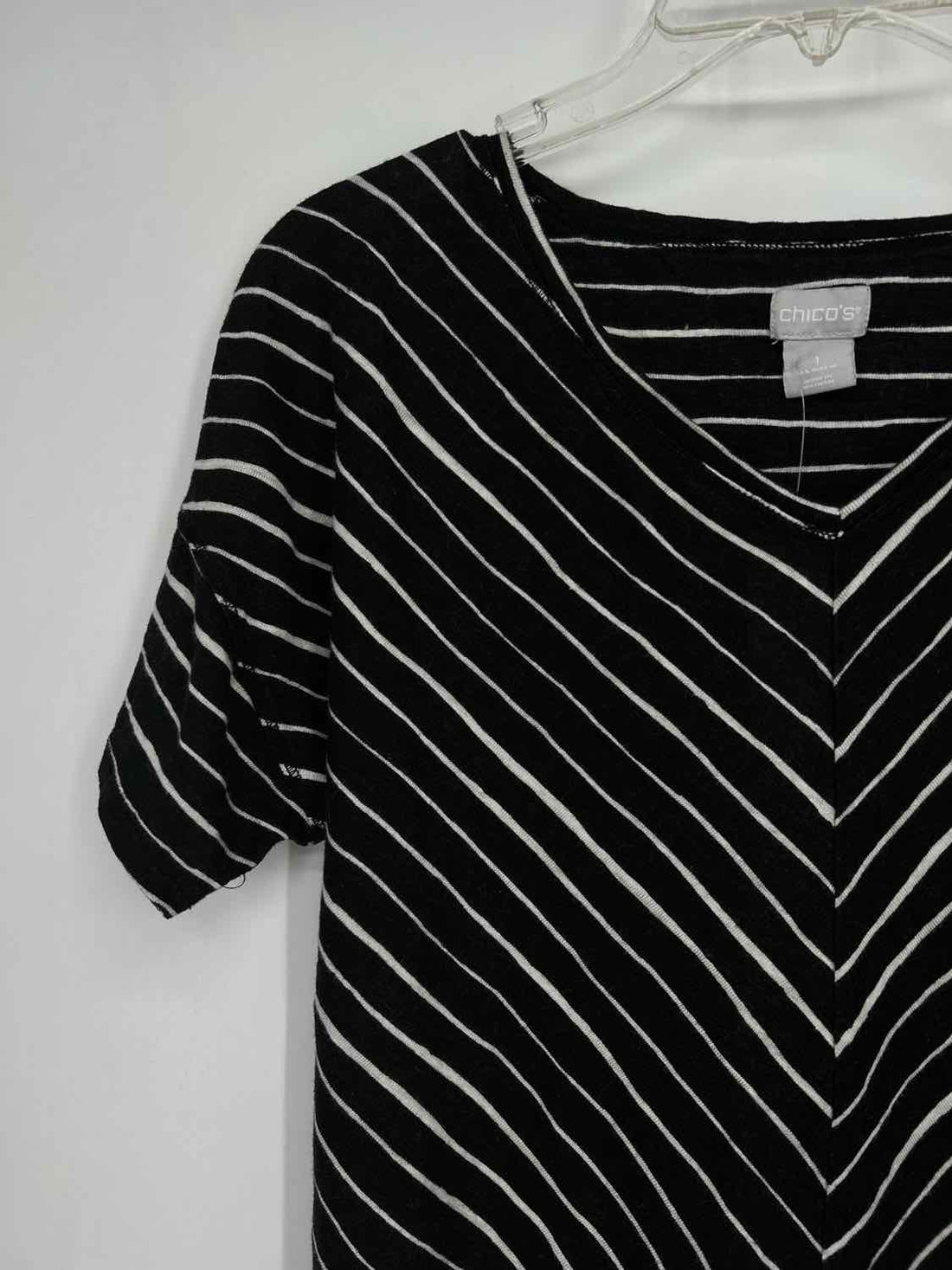 Chicos Size 1(M) Black & White Striped Linen 100% Short Sleeve