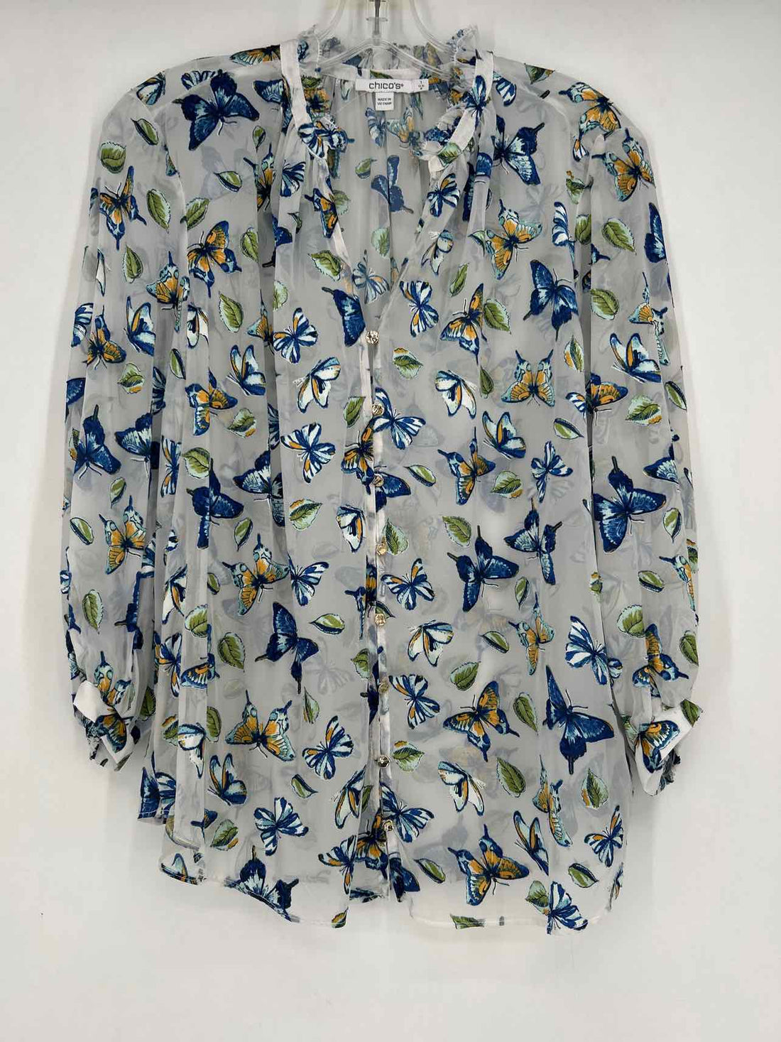 Chicos Size 1 (8) White & Blue Print Sheer Long Sleeve