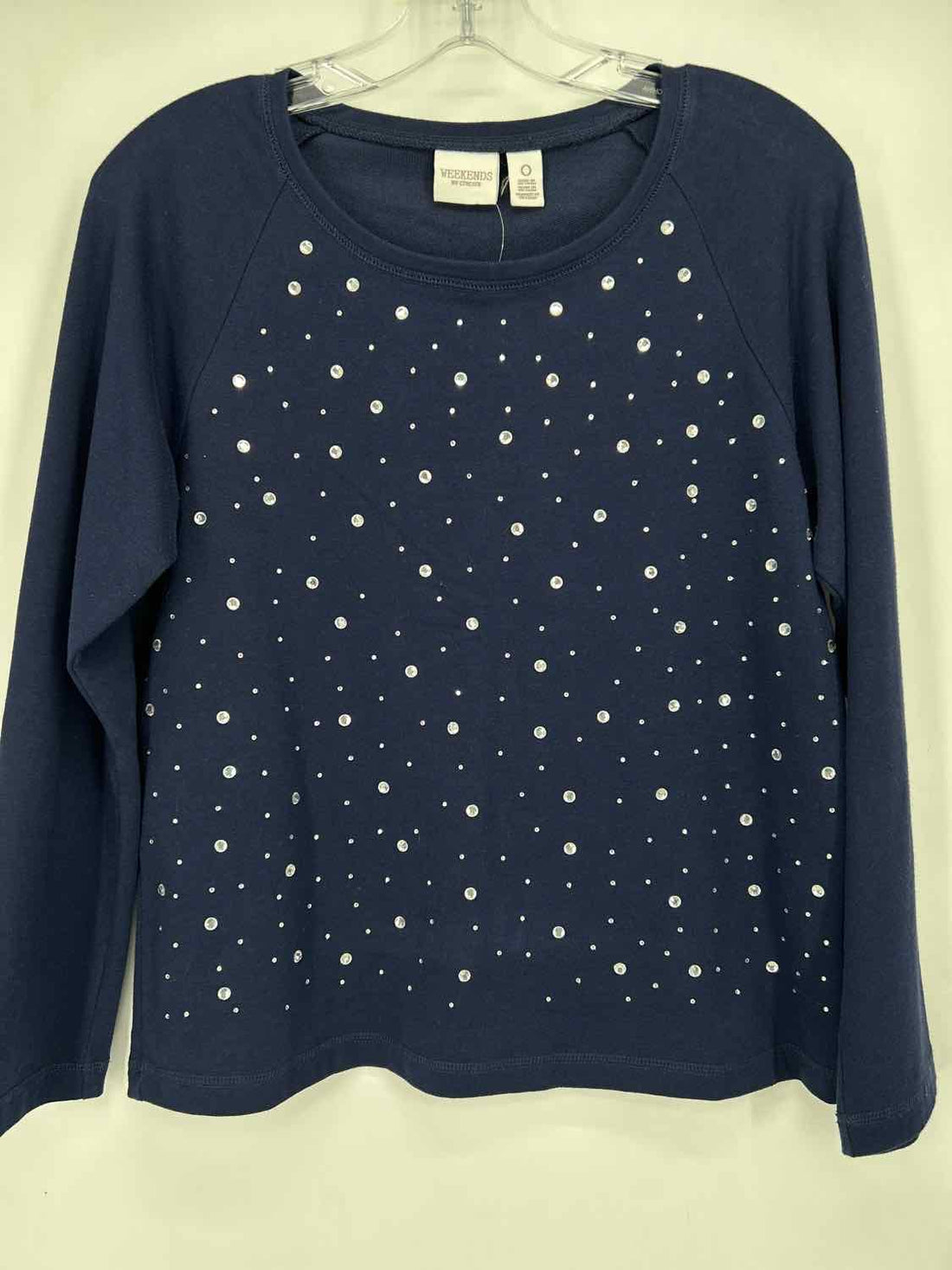 Weekends by Chico's Size 0(S) Navy Rhinestone Long Sleeve