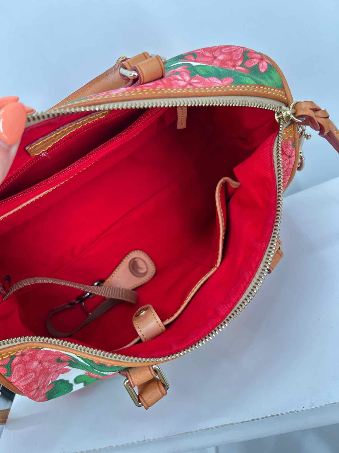 Dooney & Bourke Red & Green Floral Leather Pre Owned Satchel