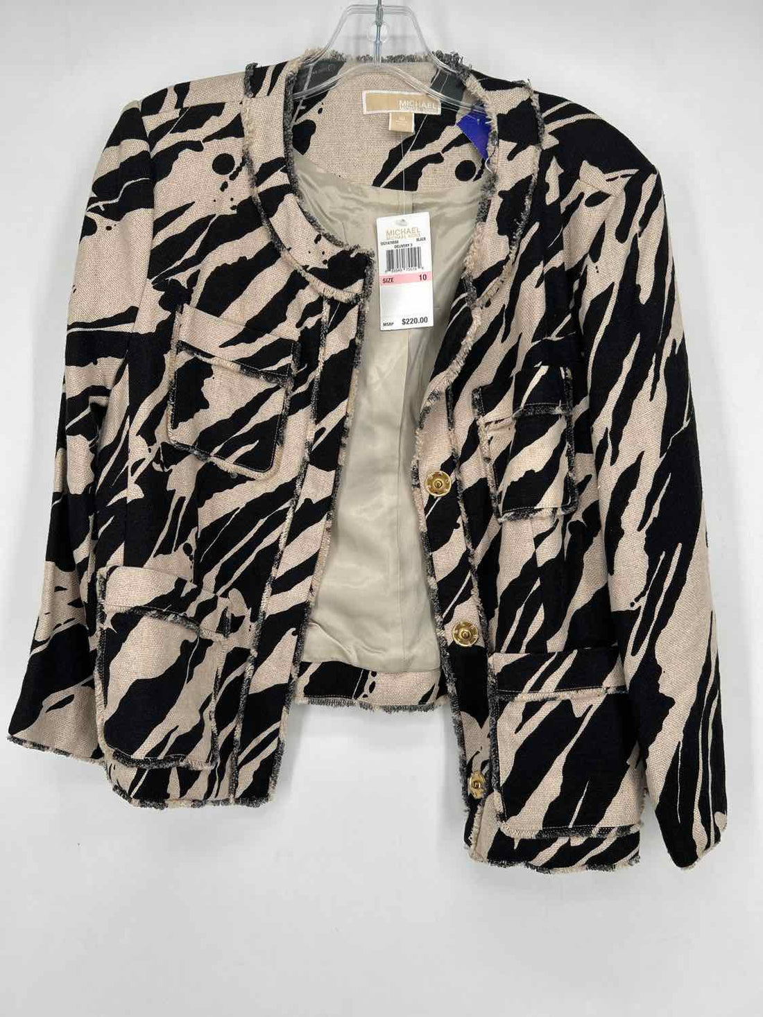 Michael Kors Size 12 Cream & Black Linen 100% Blazer