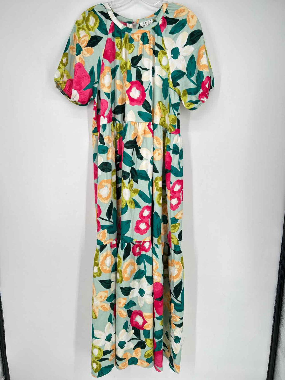 TCEC Size L Aqua Floral Short Sleeve Dress