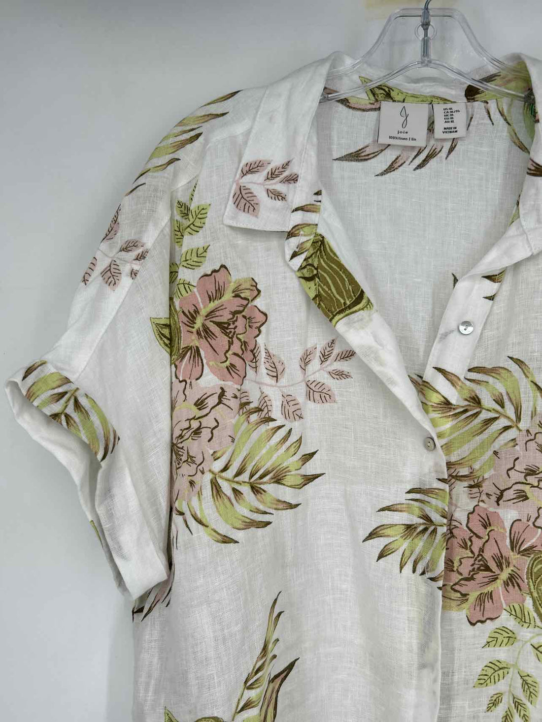 Joie Size XL White Floral Linen Short Sleeve