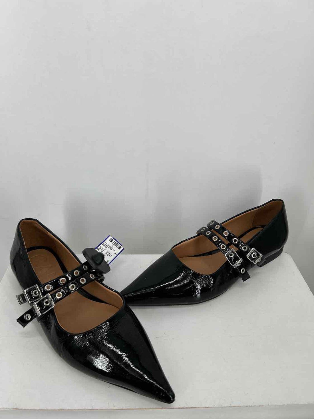 Ganni Women Size 39(8) Black Patent Leather Feminine Buckle Ballerina Flats
