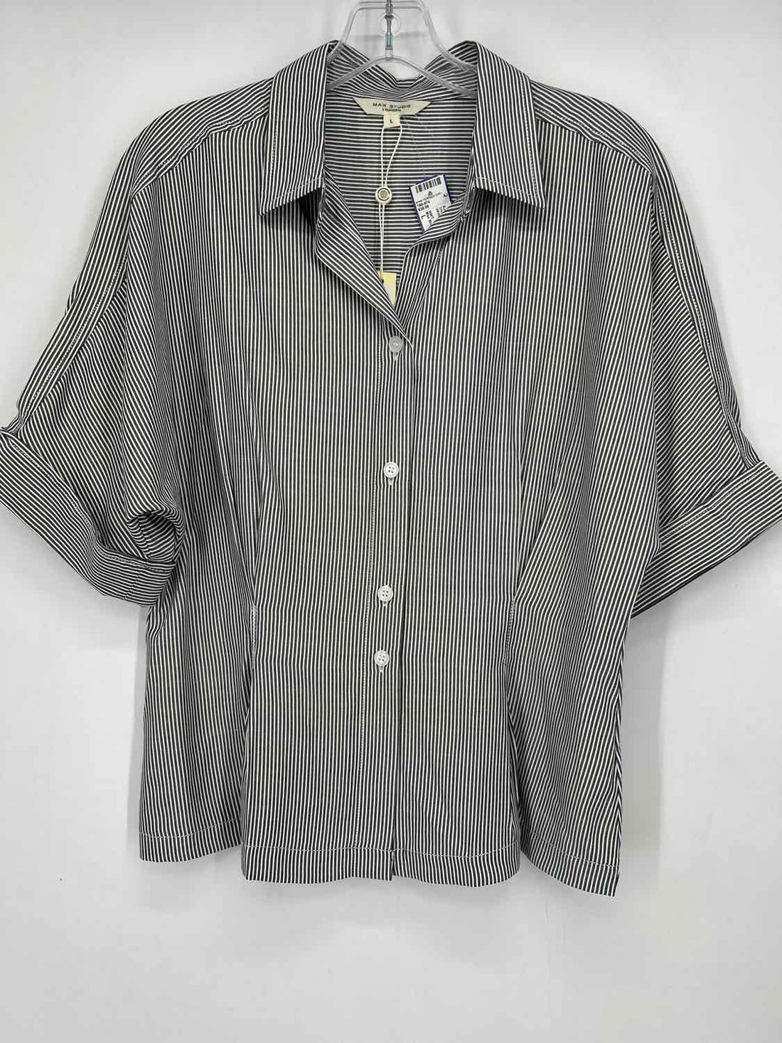 Max Studio NWT Size L White & Gray Striped Short Sleeve