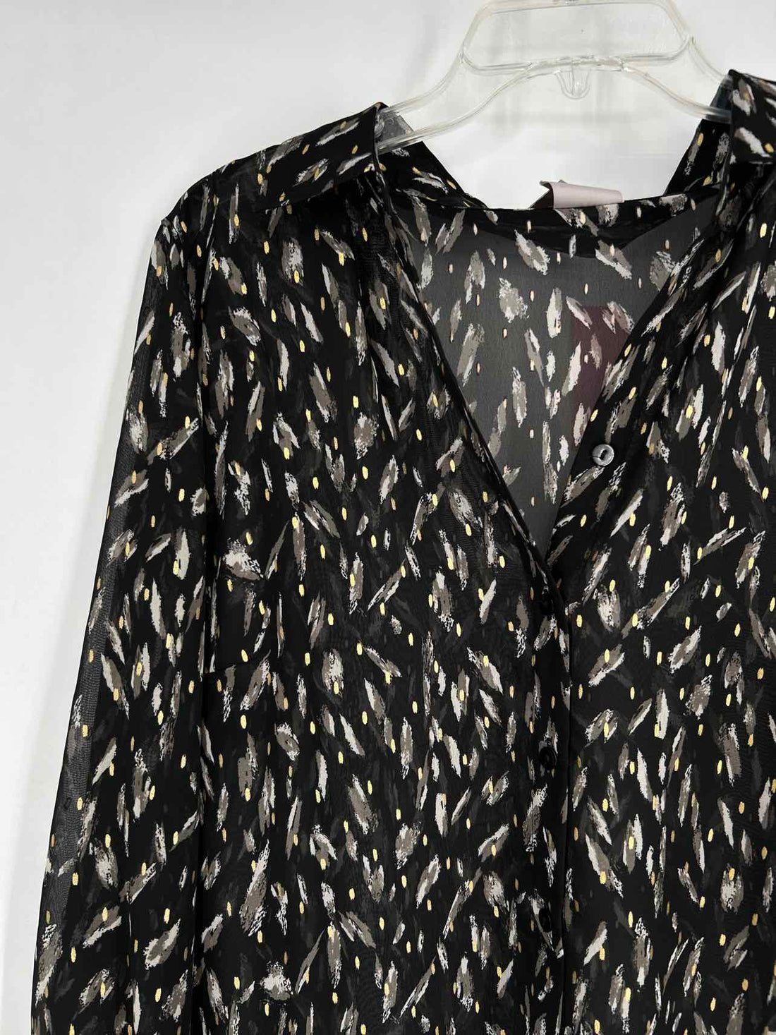 Chicos Size 2/L Black Print Sheer Long Sleeve