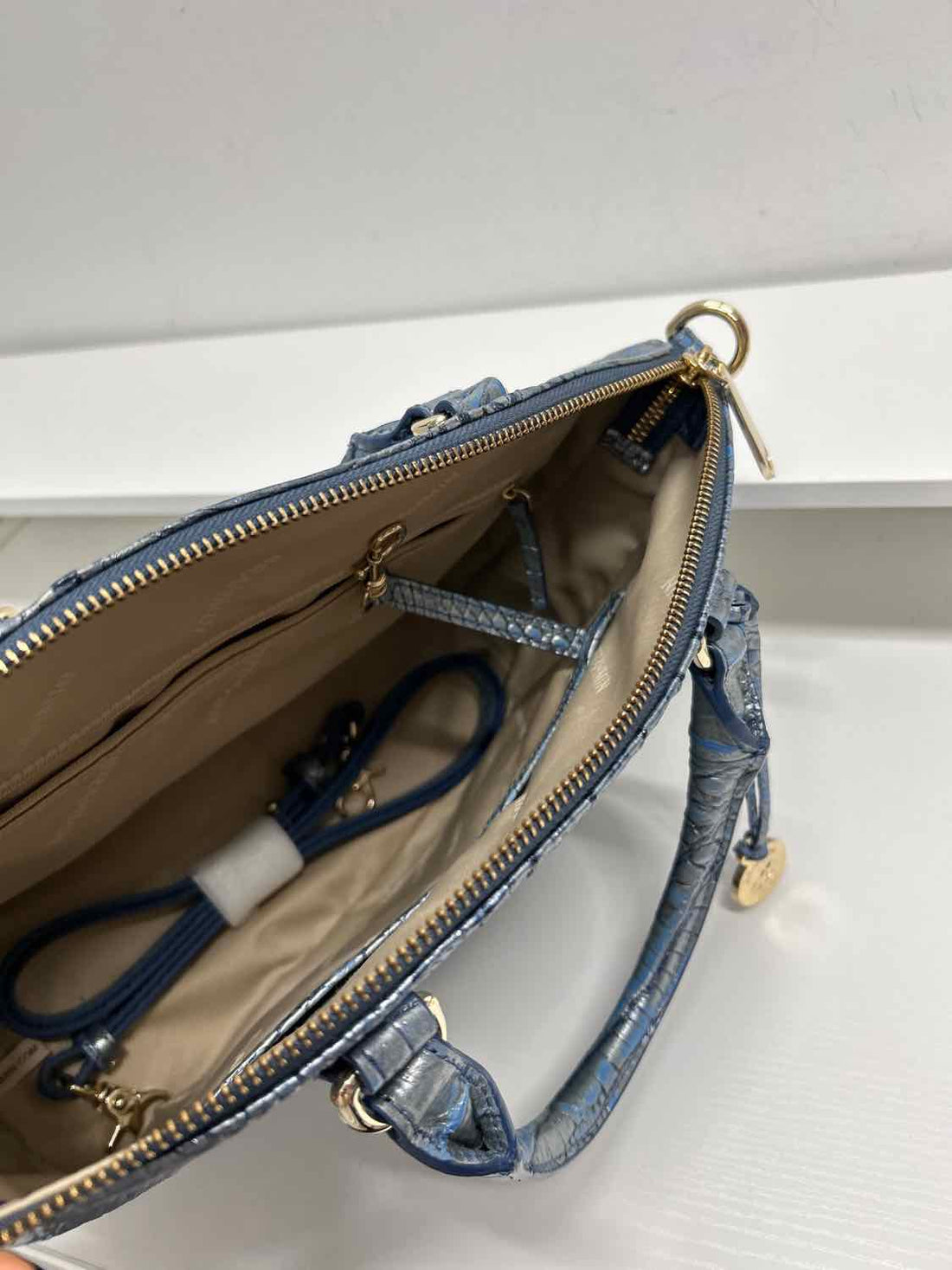 Brahmin Blue Shimmer Croc Embossed Leather Pre Owned Satchel