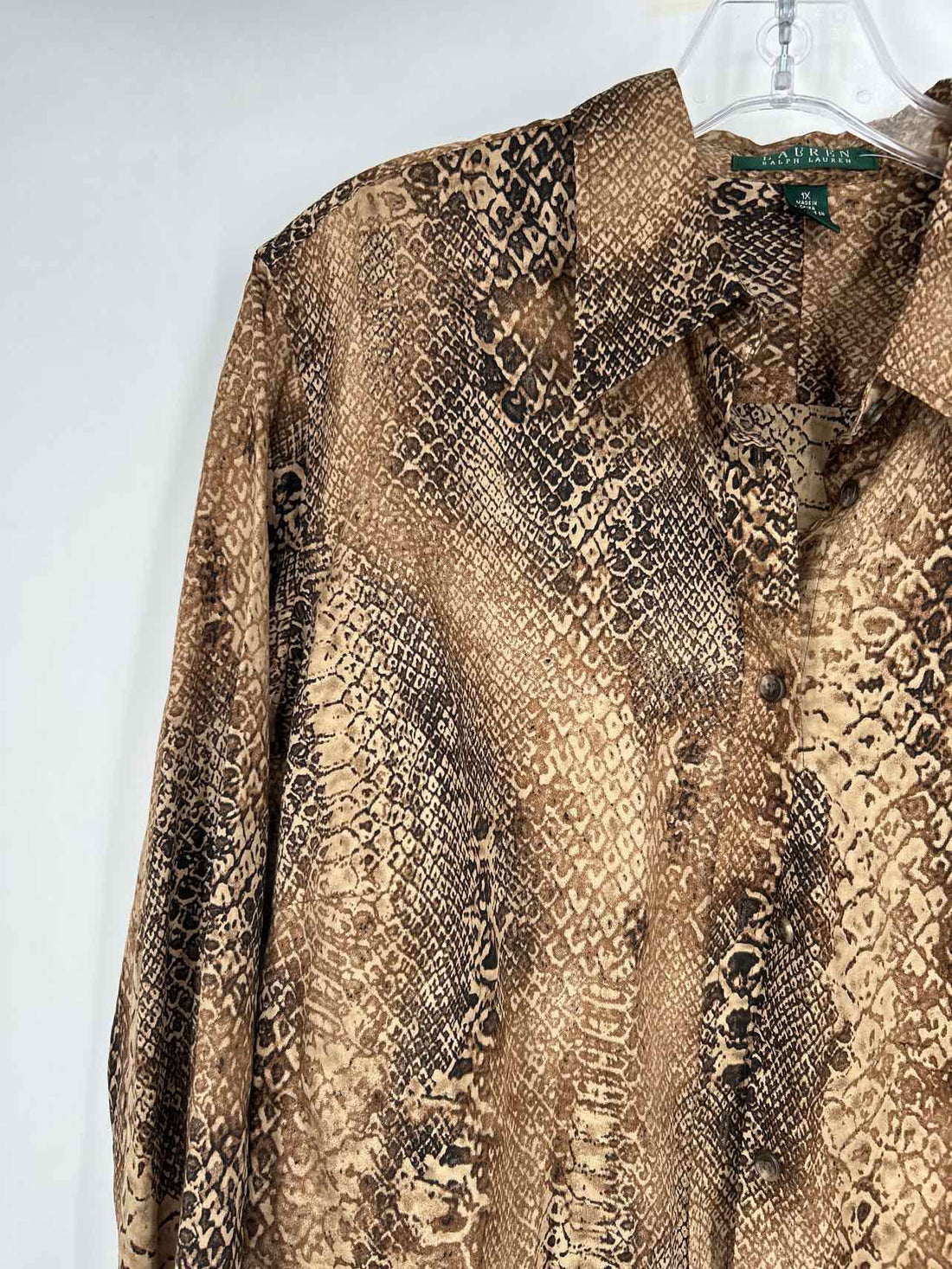 Lauren Ralph Lauren Size 1X Tan Print Long Sleeve Top/Blouse