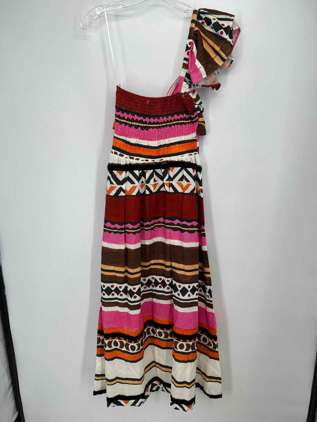 Eva Franco Size 6 Black White Pink Multi Color Linen 100% One Shoulder Dress