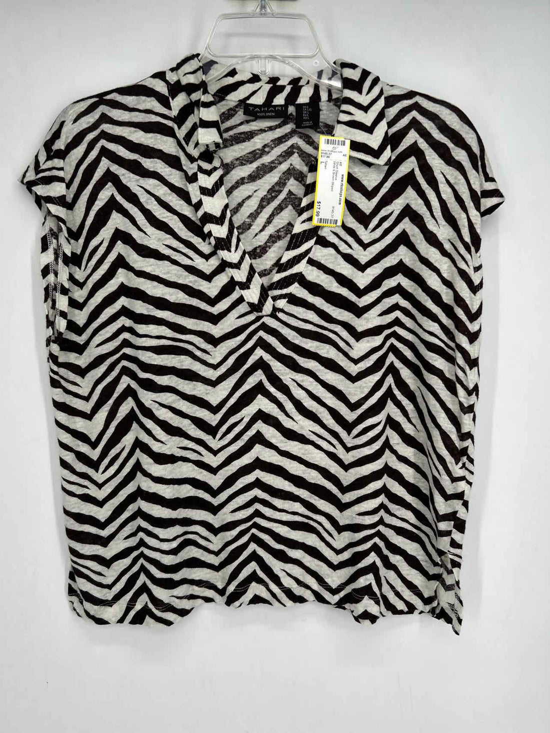 Tahari Size L White & Brown Striped Short Sleeve
