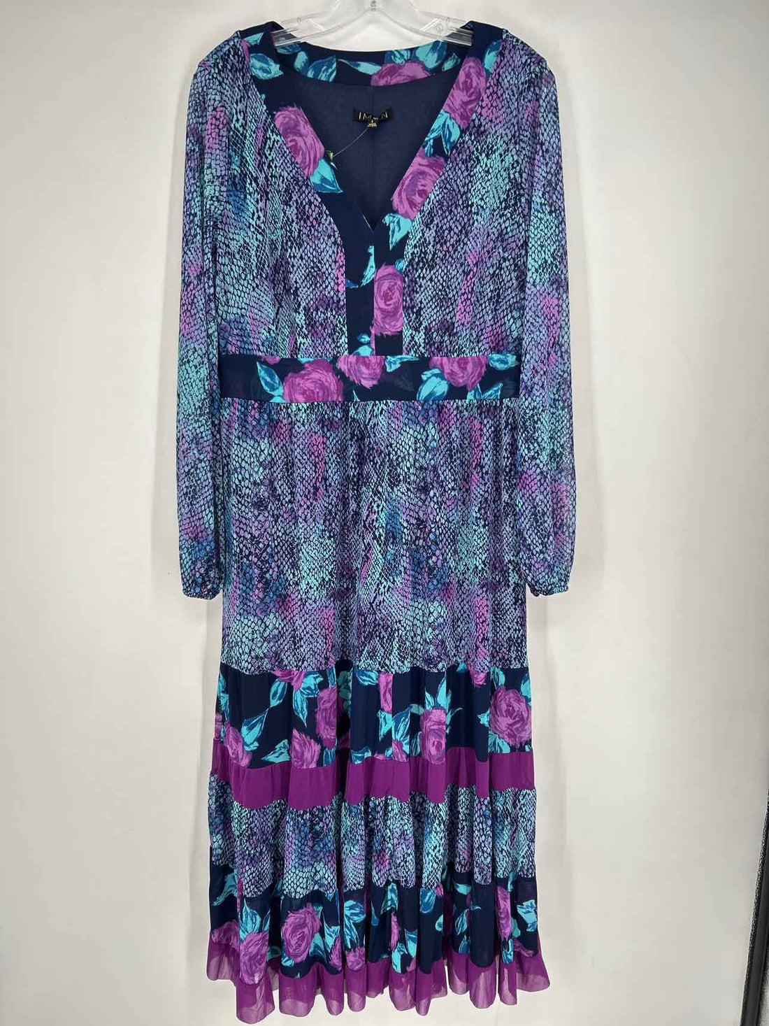 Iman Size L Blue & Purple Print Long Sleeve Dress