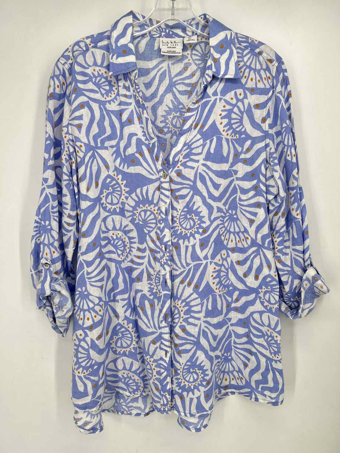 Nicole Miller Size L Blue & White Print Linen 100% Long Sleeve