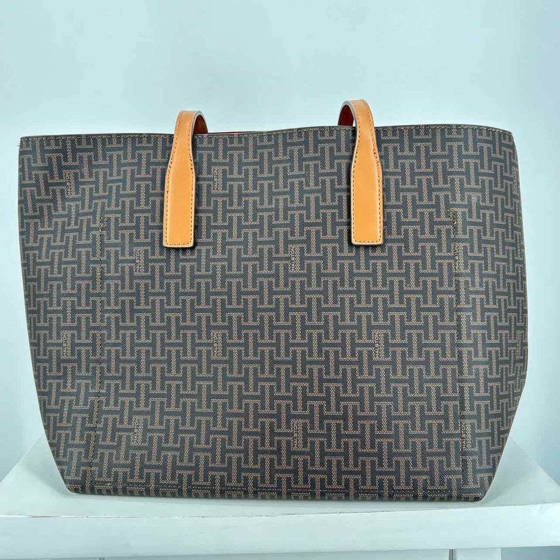 Halston Brown Print Vegan Leather Pre Owned Tote