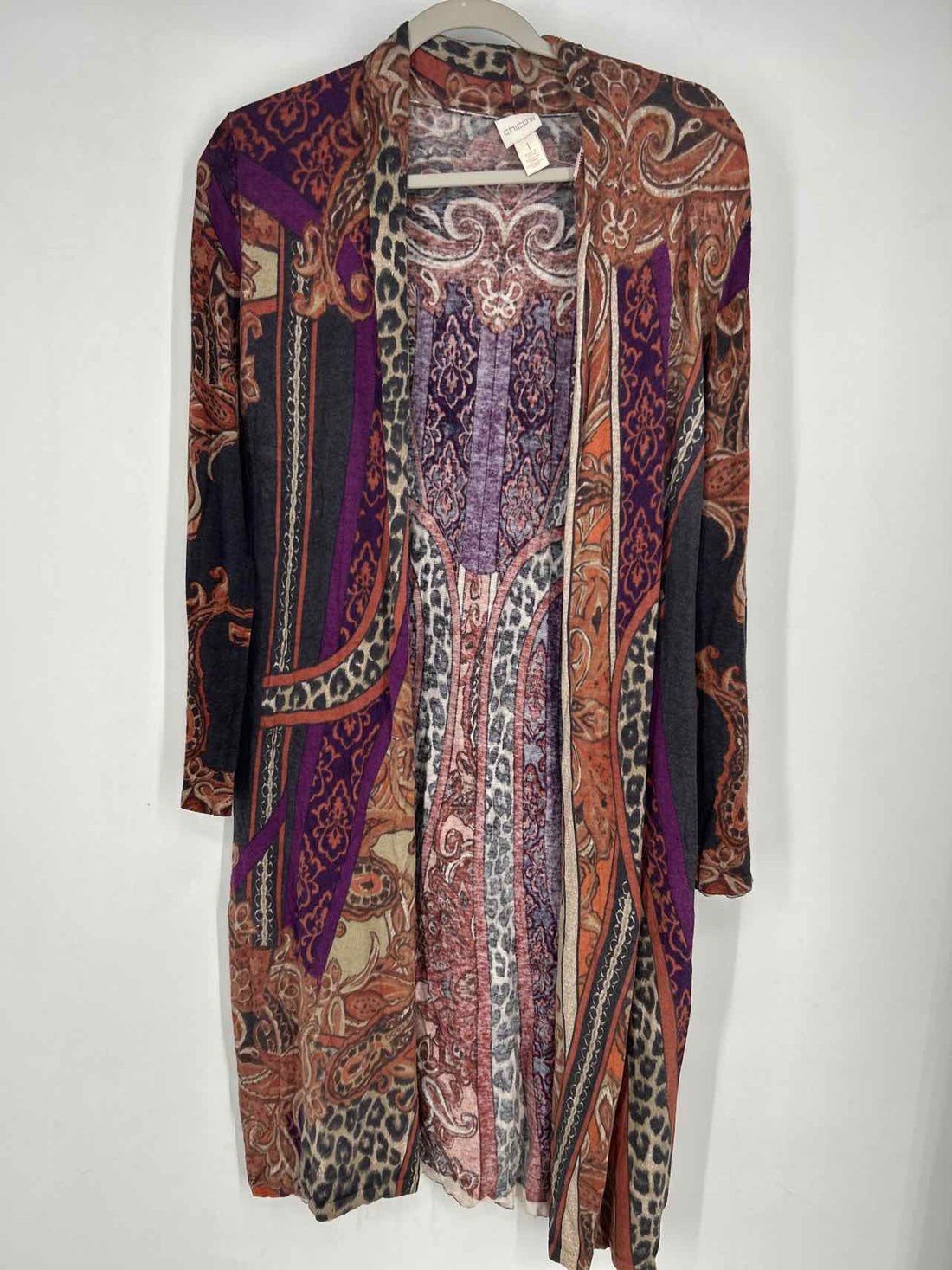 Chicos Size 1 (M) brown & purple print Long Sleeve Kimono