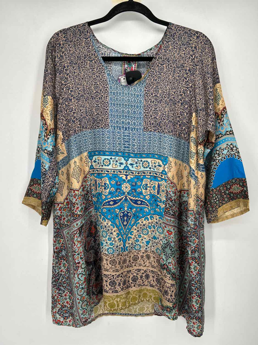 Johnny Was Size S Blue & Beige Print Silk Tunic Long Sleeve