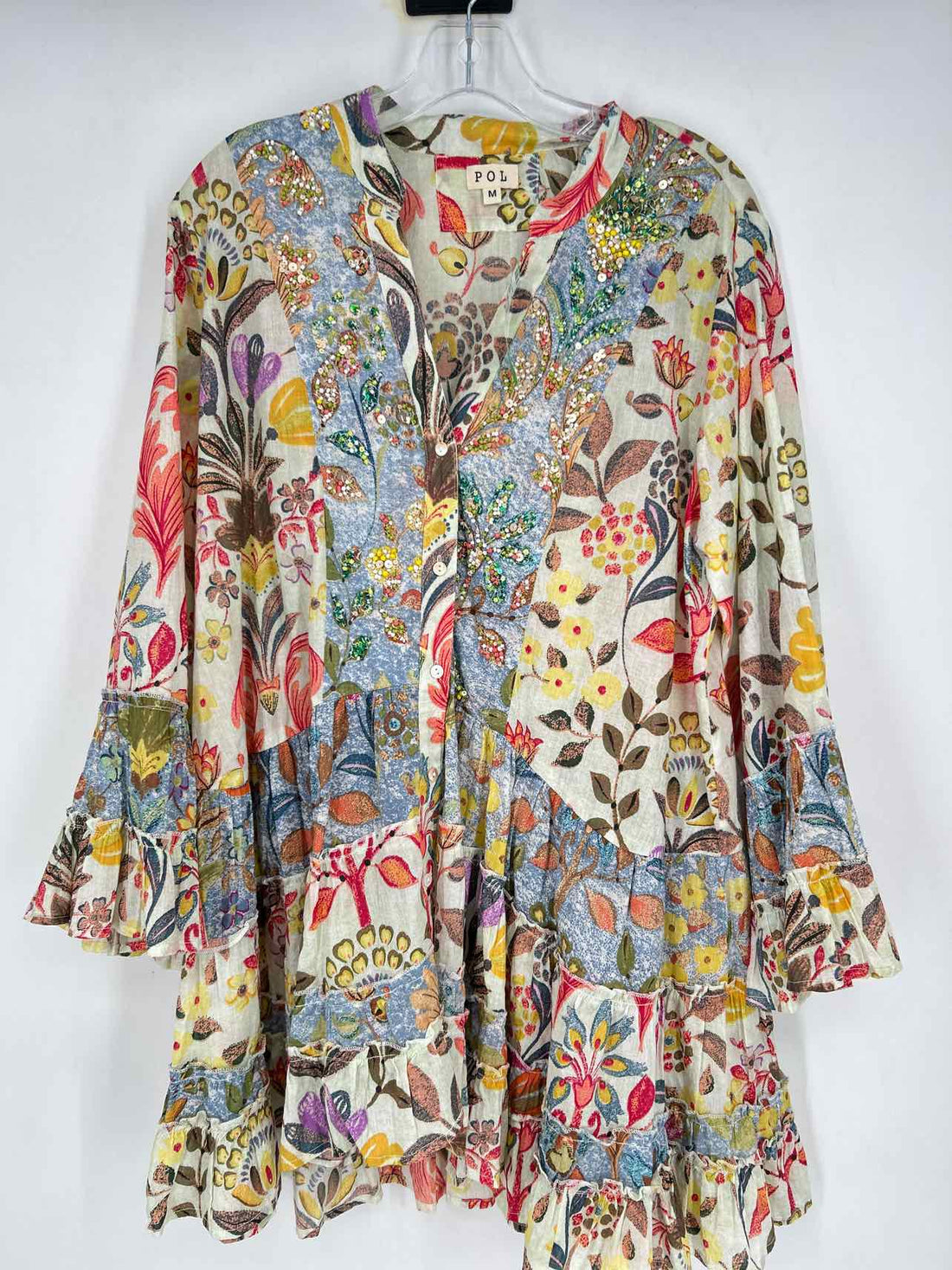POL Size M Light Green & Blue Print Long Sleeve Dress
