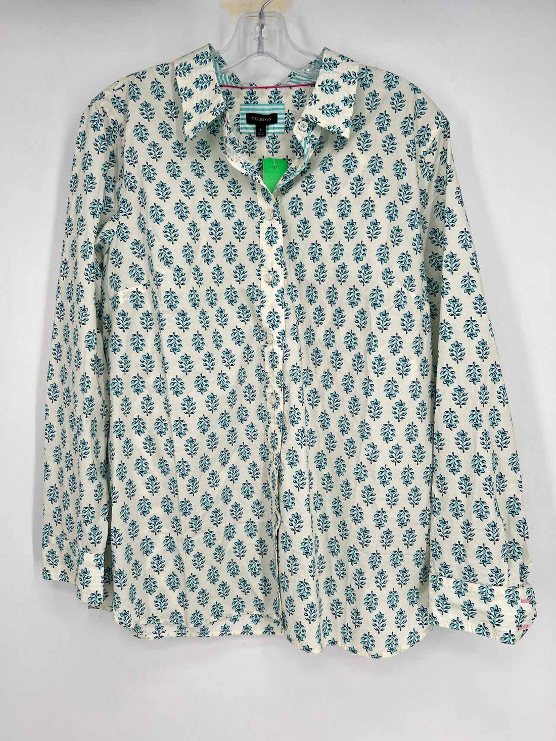 Talbots Size L White & Light Blue Print Long Sleeve