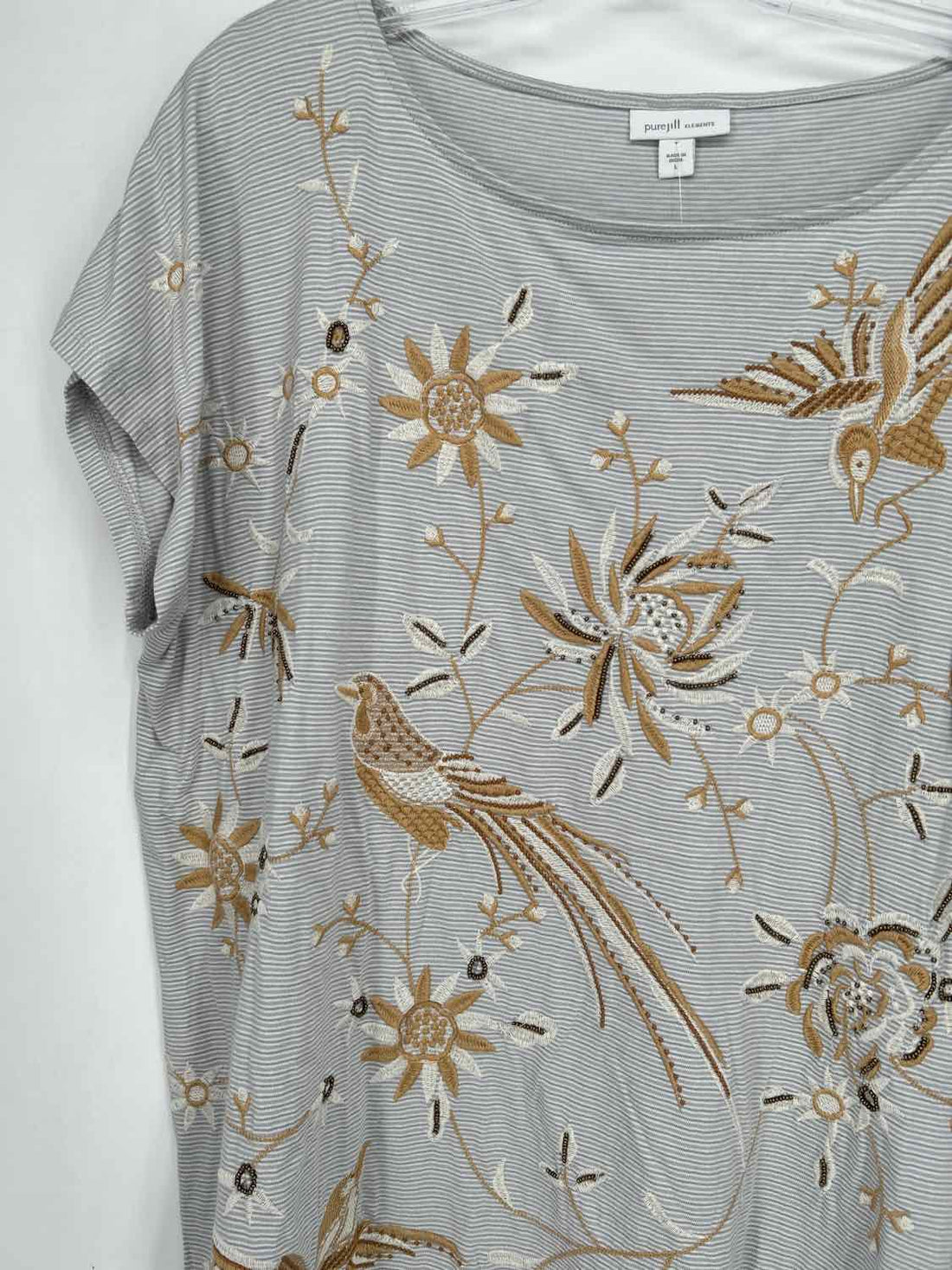 Pure Jill Size L Gray Striped Embroidered Short Sleeve