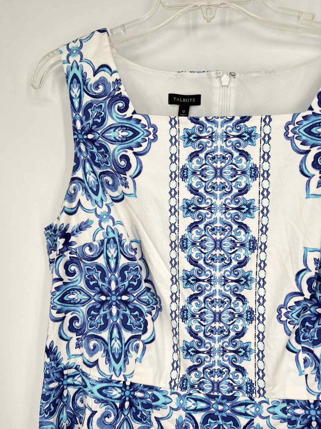 Talbots Size 12 White & Blue Print Sleeveless Dress