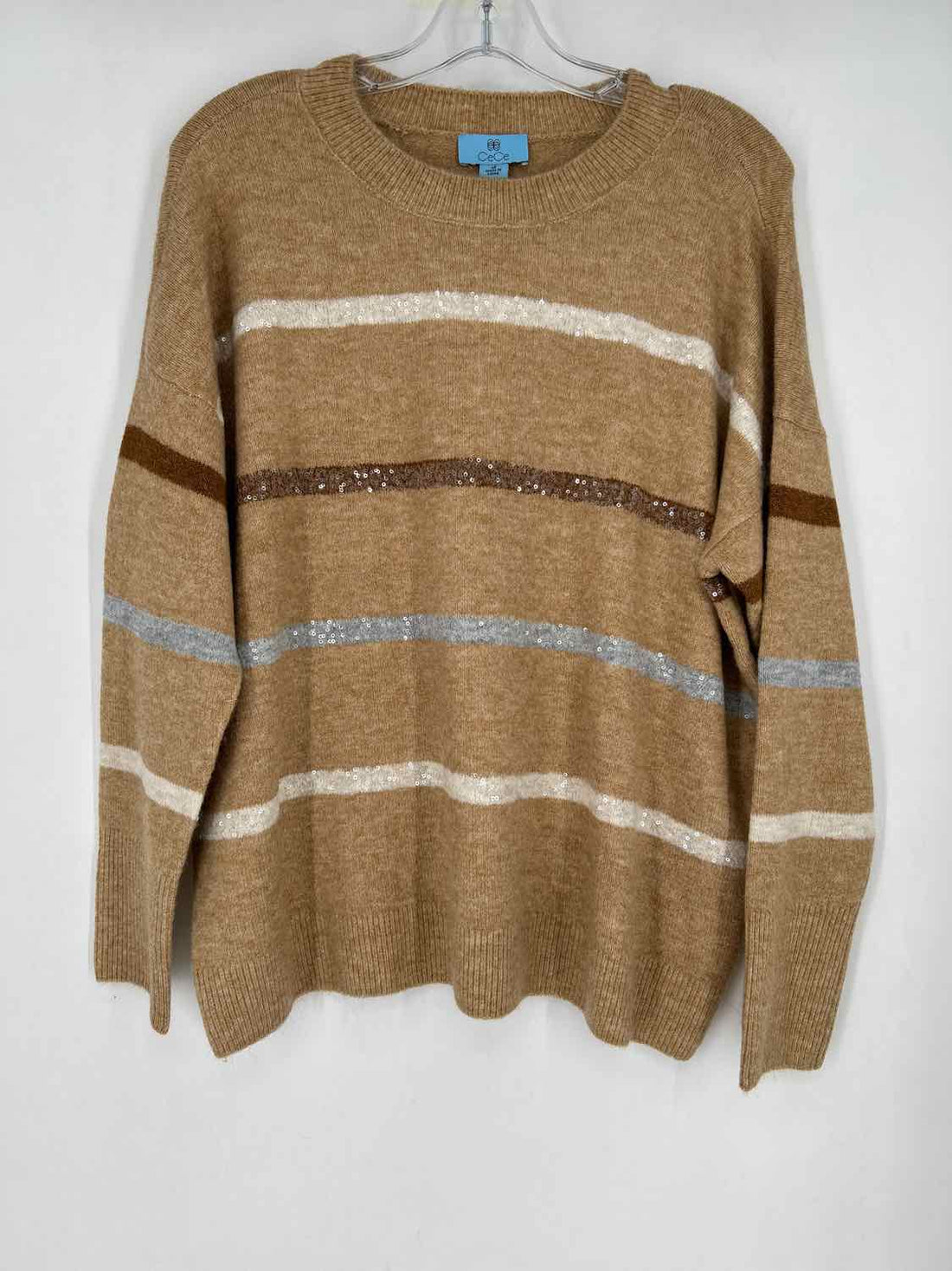 CeCe Size M Tan Striped Sequined Sweater