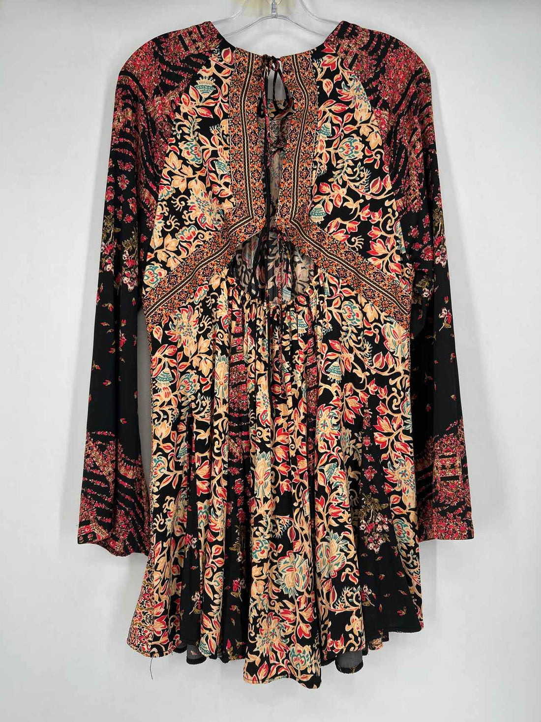 Free People Size L Black & Red Floral Long Sleeve Dress