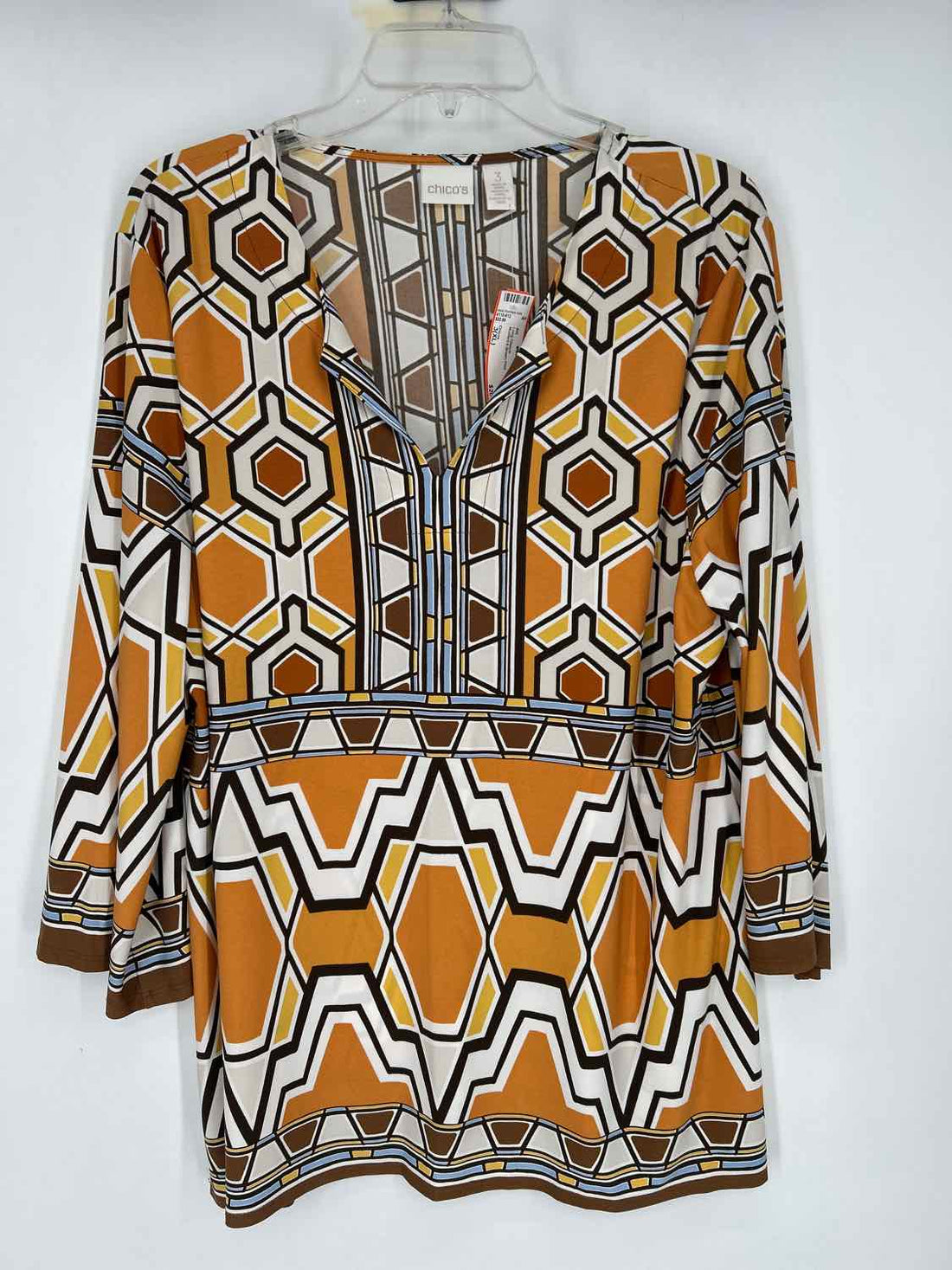 Chicos Size 3(XL) Mustard & Brown Print Long Sleeve