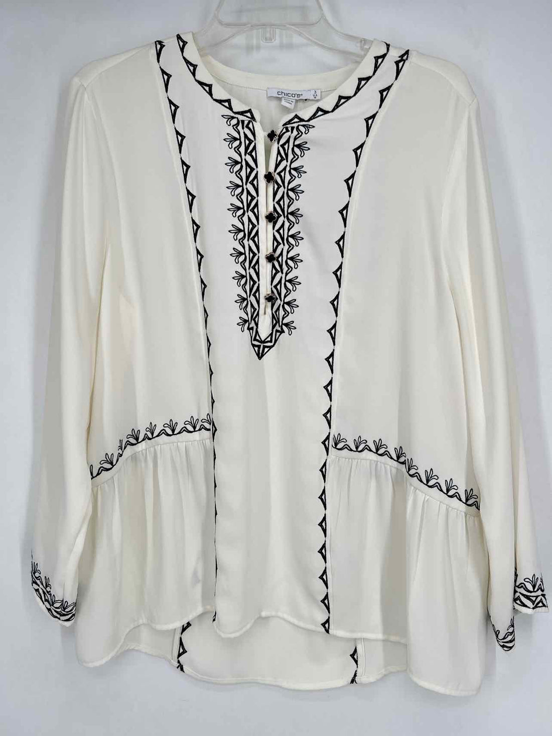 Chicos Size 3 (16) Ivory & Black Embroidered Long Sleeve