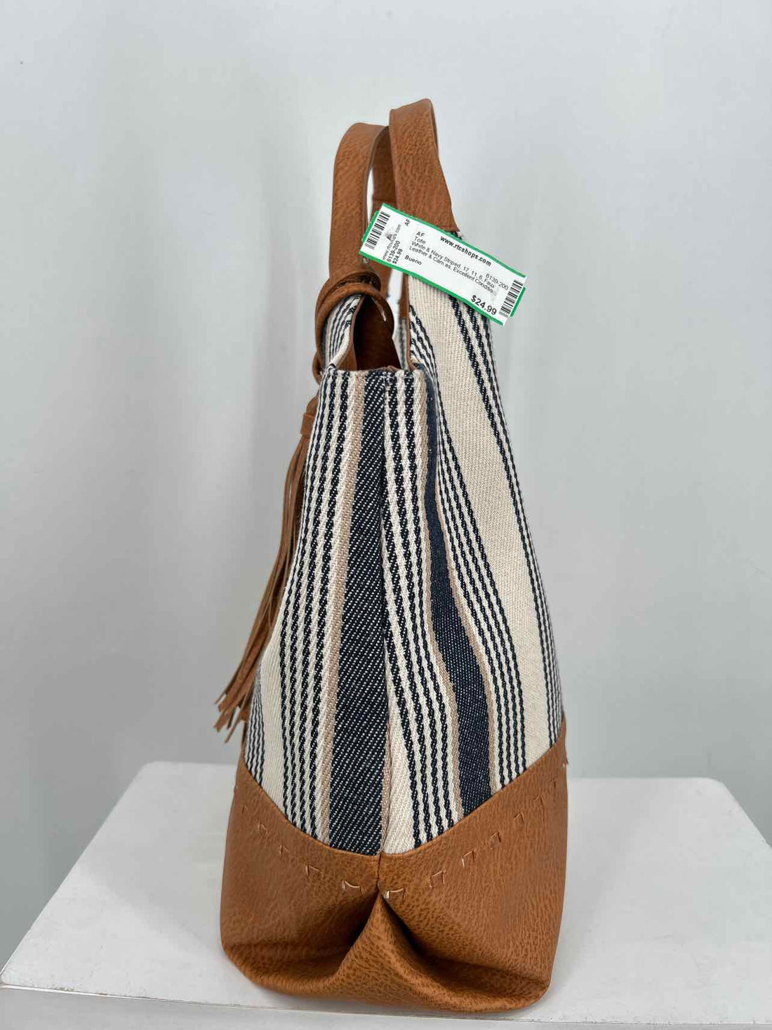 Bueno White & Navy Striped Faux Leather & Canvas Excellent Condition Tote