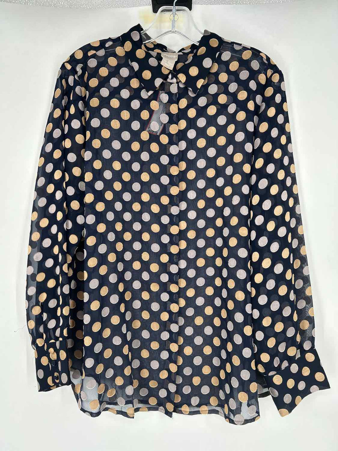 Chicos Size 2(L) Navy Polkadot Sheer Long Sleeve