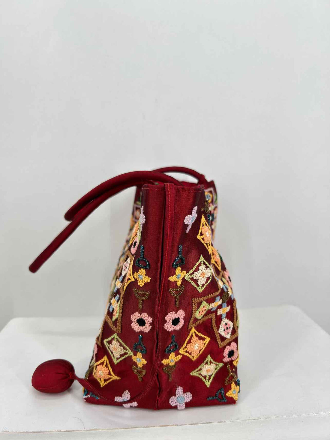 Katie Wong Dark Red Embroidered Vintage Tote