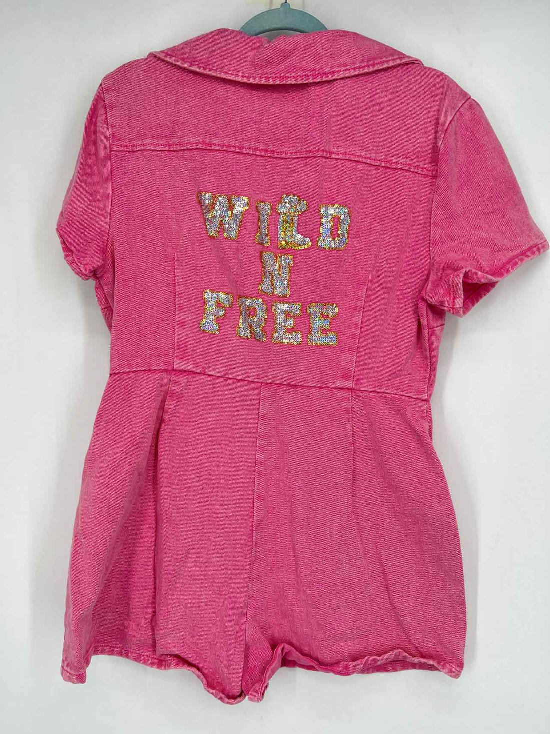 Peach Love Size M Hot Pink Denim Short Sleeve Rompers
