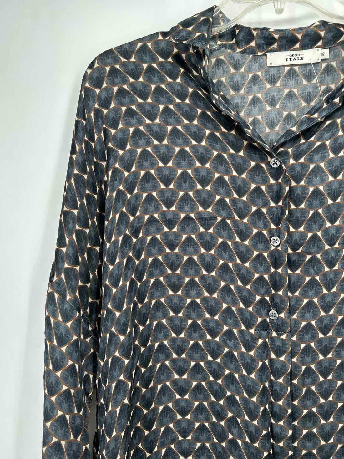 0039 Italy Size XS Gray Cream & Brown Print Silk Long Sleeve