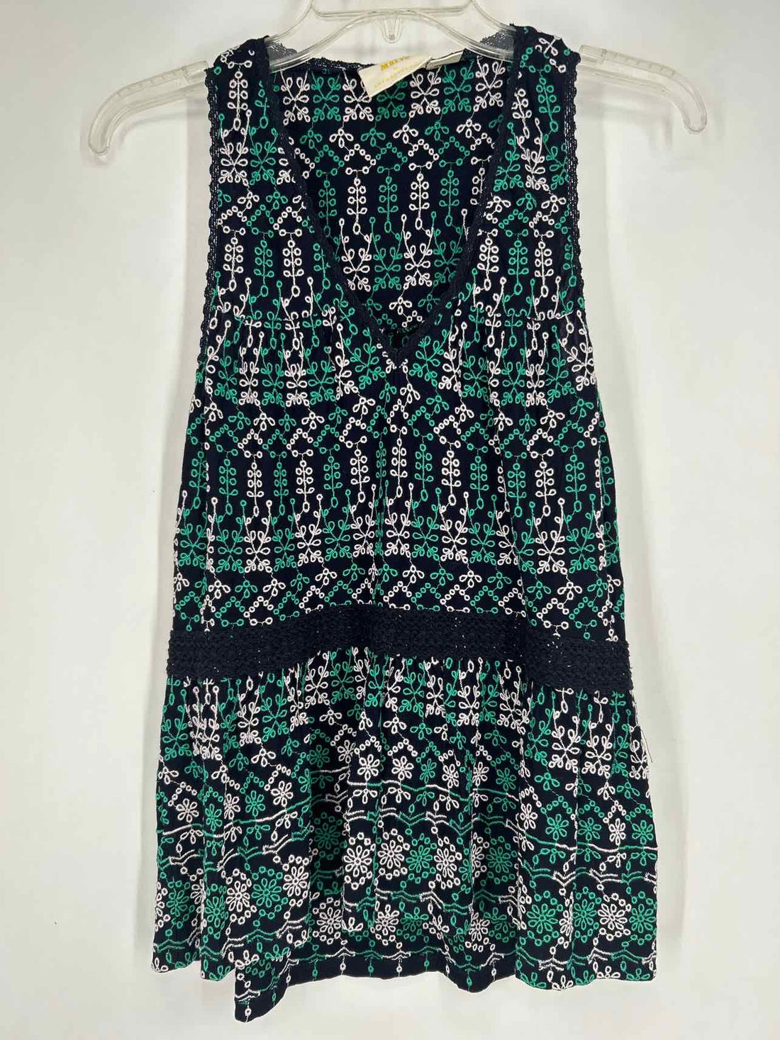 Maeve Size XS Navy White & Green Eyelet Sleeveless