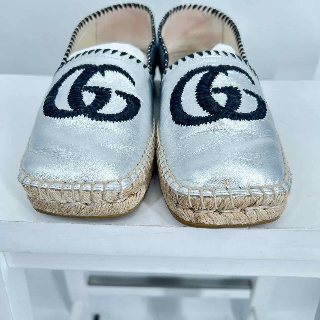 Gucci GG Rafia Espadrille Flat Women Size 38 Silver Pre Owned Leather LUXURY