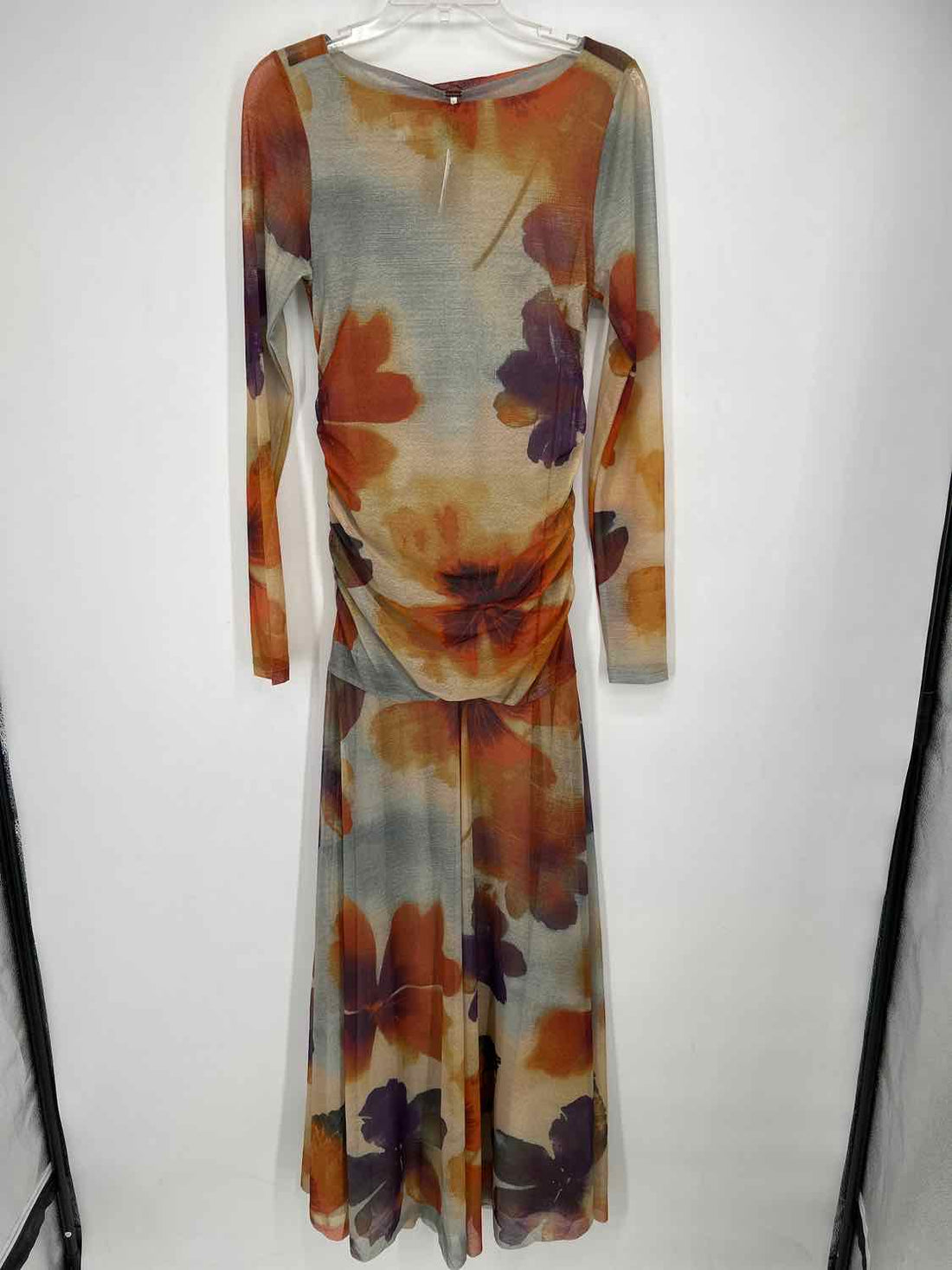 Free People Size M Orange & Purple Floral Mesh Long Sleeve Maxi