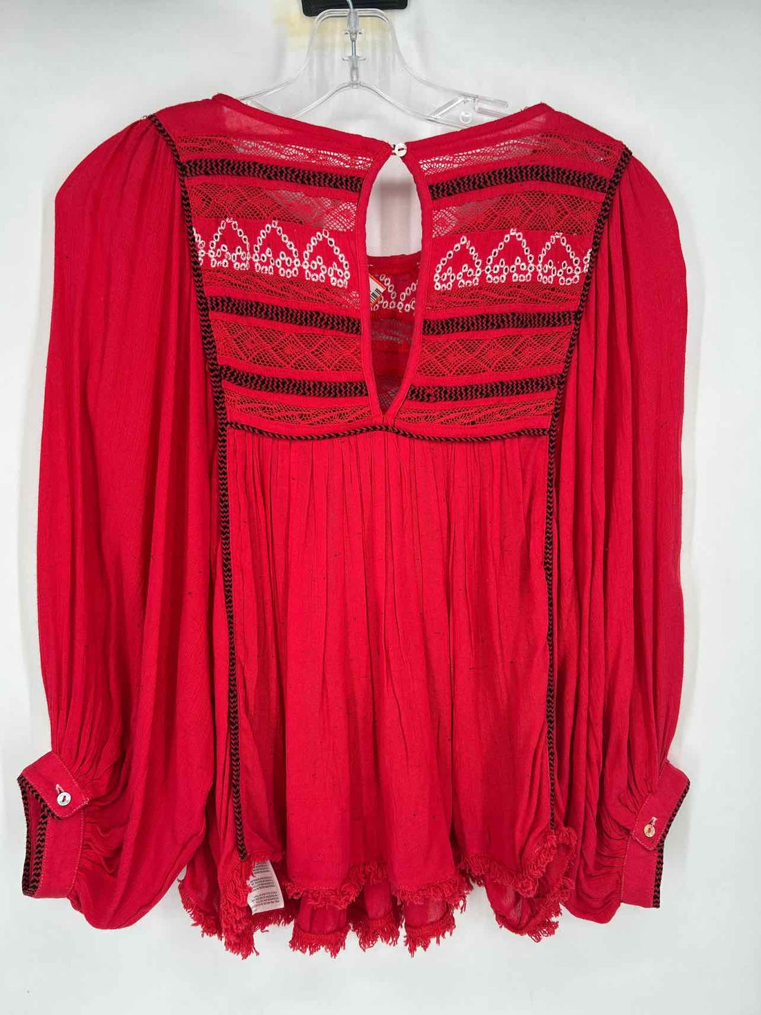 Free People Size S Red & Black Embroidered Long Sleeve