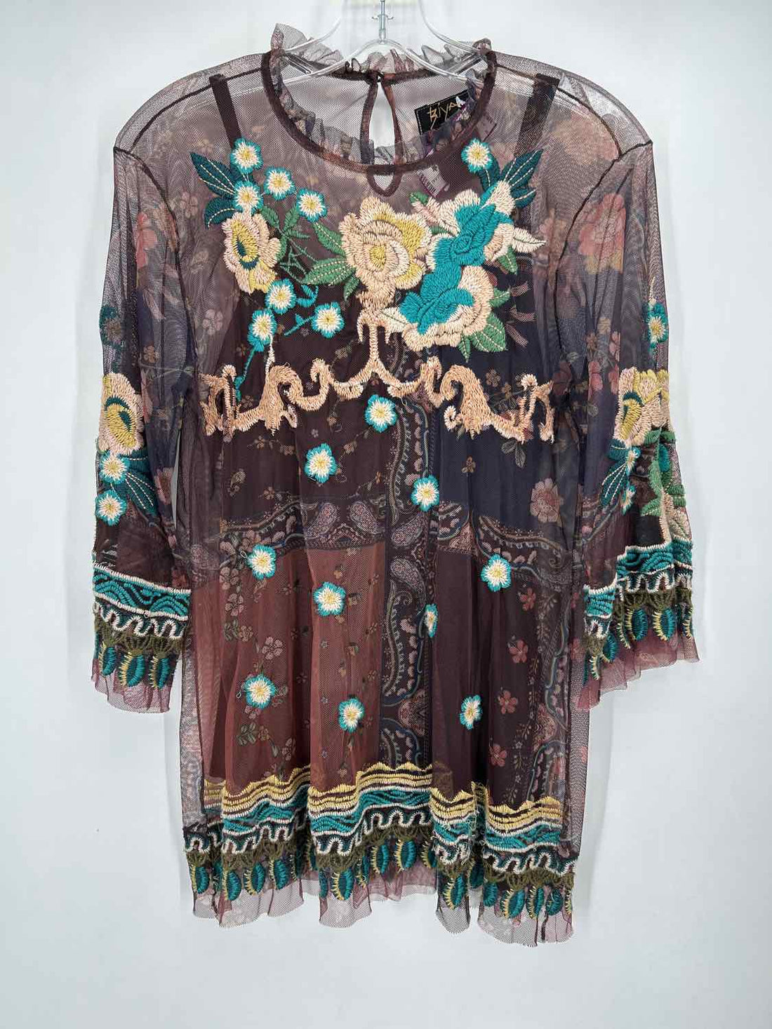 Biya by Johnny Was Size S Brown Floral Mesh Long Sleeve