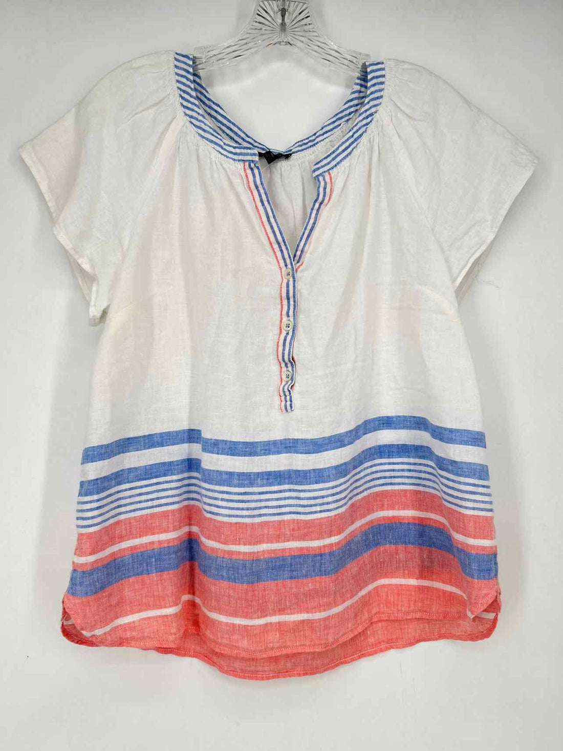 Talbots Size MP White & Blue Striped Linen Short Sleeve