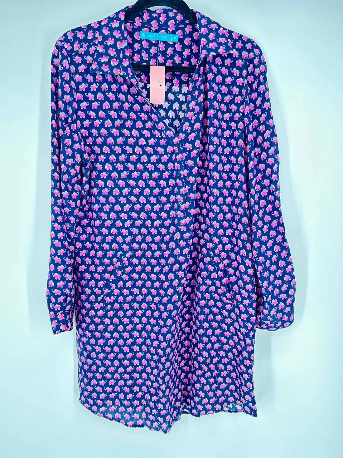 Tori Richard Size 10 Navy & Pink Print Silk Long Sleeve Dress