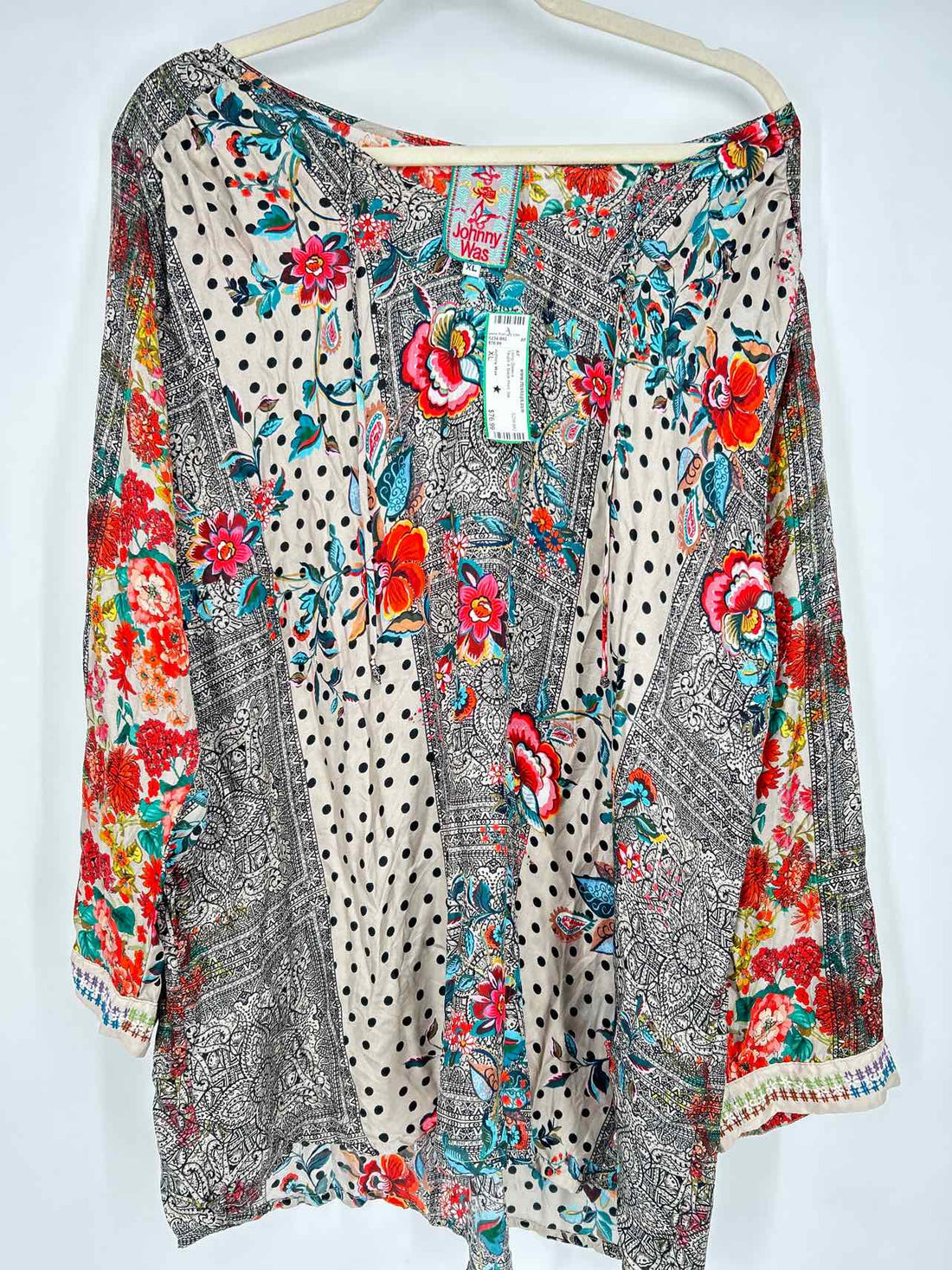Johnny Was Size XL Taupe & Black Print Silk Long Sleeve