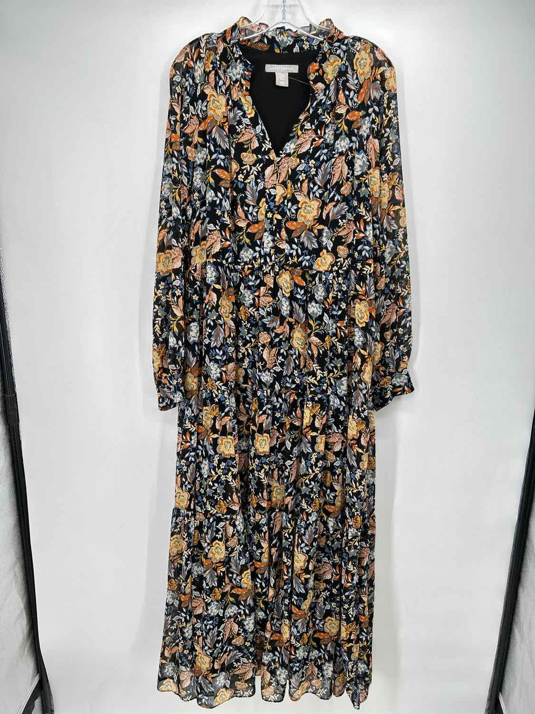 Lucky Brand Size XL Black Floral Long Sleeve Dress