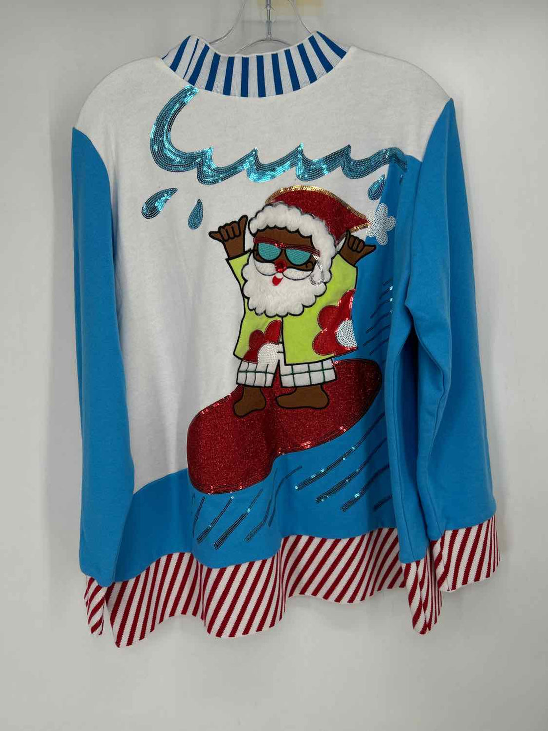 Whoopi L Blue Print Sequined Long Sleeve Holiday