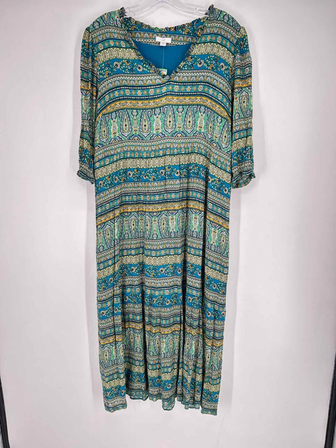 J Jill Size LP Blue Green & Yellow Print Long Sleeve Dress