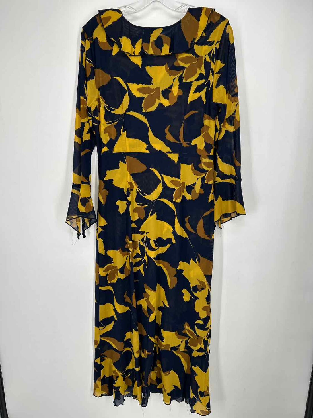 Cabi Size M Navy & Mustard Print Mesh Long Sleeve Dress