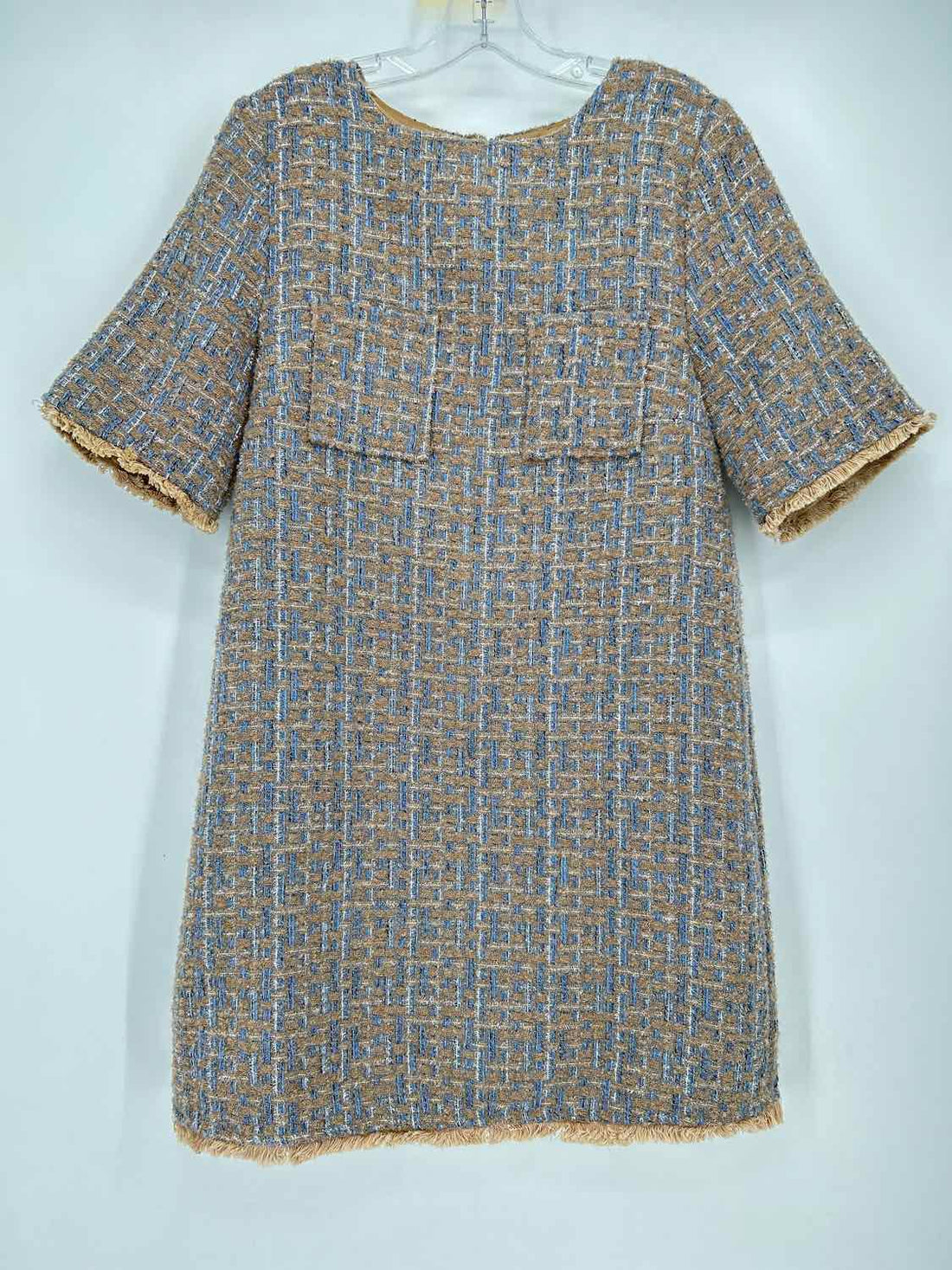 Voy Size M Tan & Blue Tweed Short Sleeve Dress