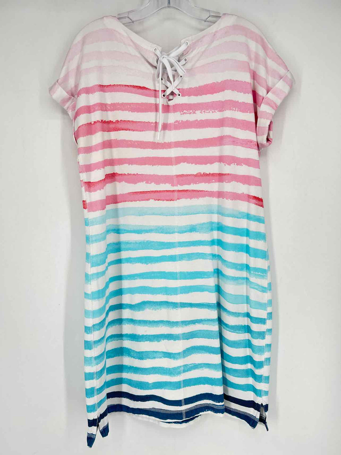 T By Talbots Size L White Pink & Blue Striped Short Sleeve Dress