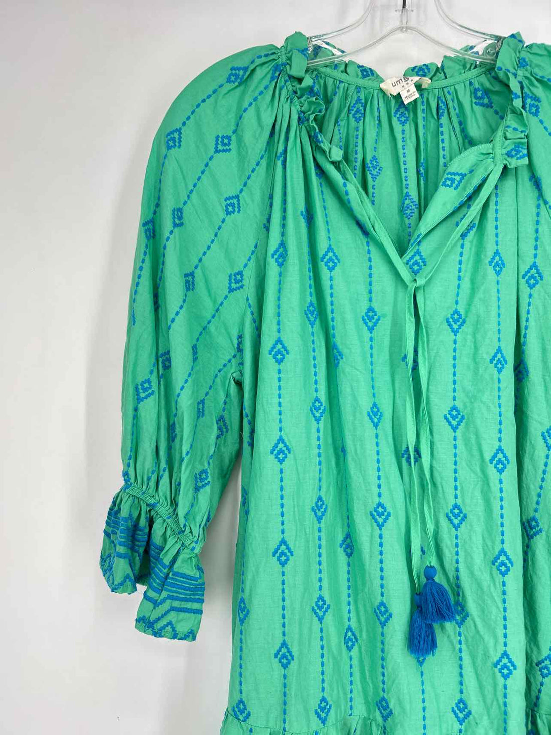 Umgee Size M Green & Blue Embroidered Long Sleeve Dress